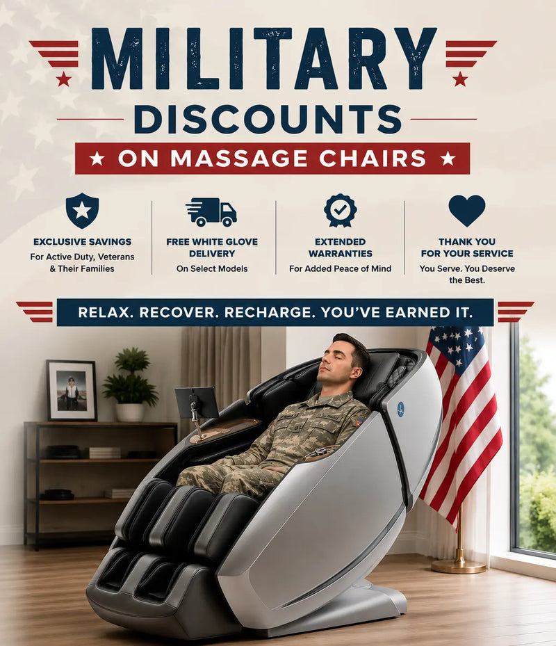 Massage chair with military discount promotion text and graphics.