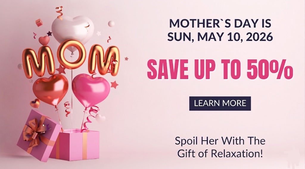 Mother’s Day massage chair sale banner with gift box, heart balloons, and up to 50% off for May 10, 2026