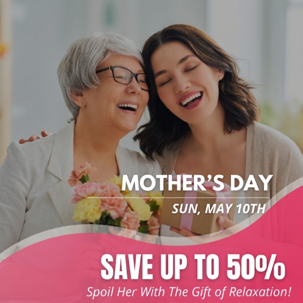 Mother's Day promotional banner featuring a joyful grandmother and adult daughter laughing together while holding a gift box and a bouquet of pink and yellow flowers. The text reads 'Mother's Day, Sun May 10th' with a call to action 'Save up to 50% - Spoil her with the gift of relaxation!