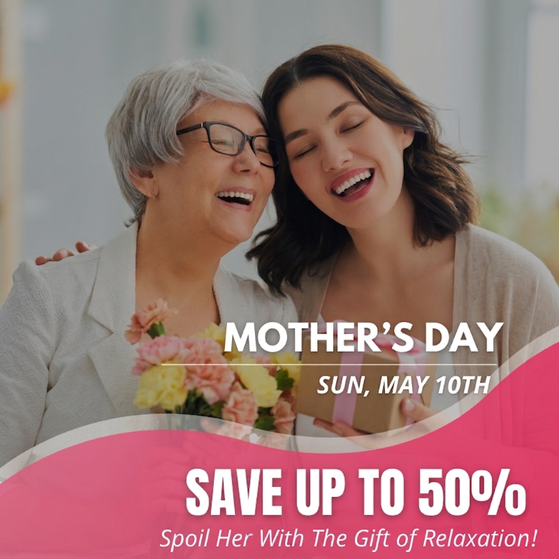 Mother's Day promotional banner featuring a joyful grandmother and adult daughter laughing together while holding a gift box and a bouquet of pink and yellow flowers. The text reads 'Mother's Day, Sun May 10th' with a call to action 'Save up to 50% - Spoil her with the gift of relaxation!