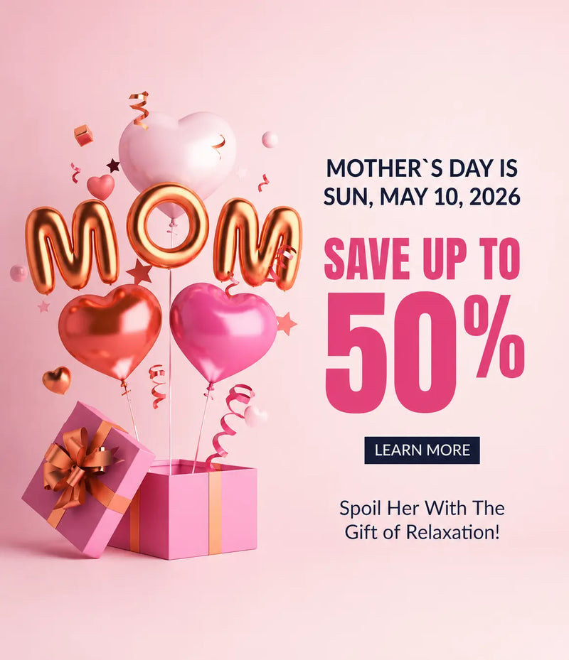 A pink promotional graphic for a Mother's Day gift, featuring metallic gold and pink heart-shaped balloons spelling 'MOM' above an open pink gift box with a gold ribbon. Large text reads 'MOTHER'S DAY IS SUN, MAY 10, 2026', 'SAVE UP TO 50%', and 'Spoil Her With The Gift of Relaxation!'.