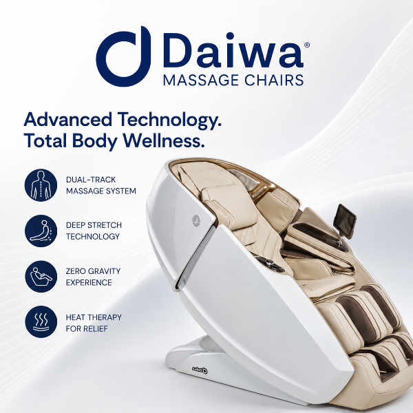 Daiwa massage chair with features listed on a white background