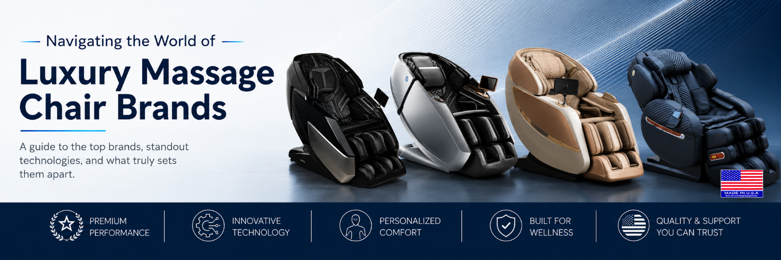 Luxury massage chair brands comparison banner featuring Infinity, Daiwa, and Luraco massage chairs with the title "Navigating the World of Luxury Massage Chair Brands."