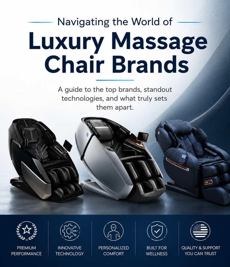 Mobile banner showcasing Infinity, Daiwa, and Luraco luxury massage chairs for a guide to premium massage chair brands and wellness technologies.