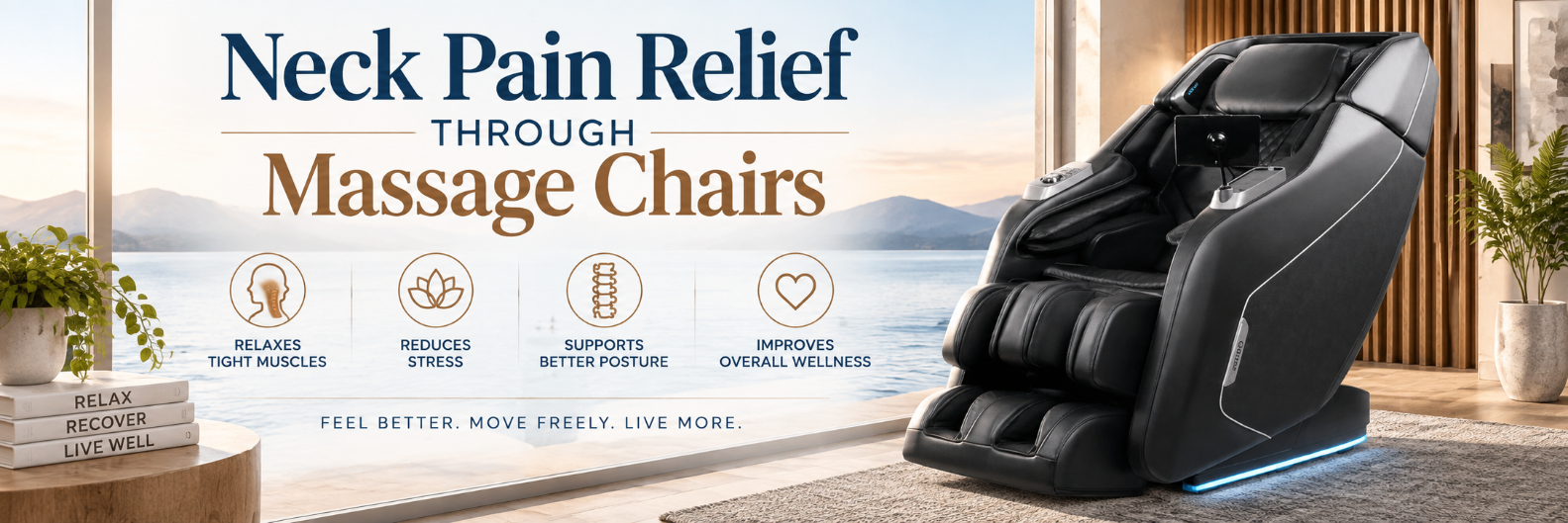 Neck pain relief through massage chairs with targeted muscle relaxation, stress relief, and posture support.”