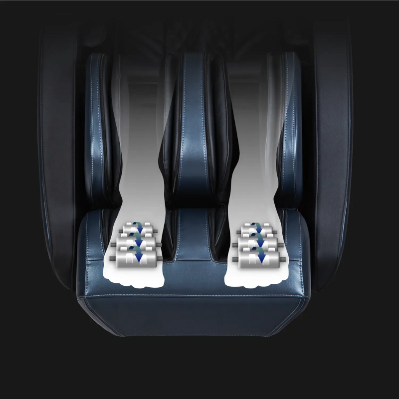 Close-up view of the Osaki 4D Bravo Duo Massage Chair's specialized foot rollers, designed to target and massage the soles of the feet, providing relaxation and relie