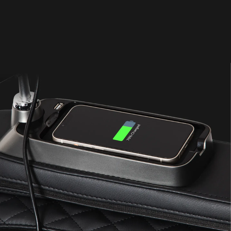 The Osaki 4D Bravo Duo Massage Chair's wireless phone charger, seamlessly integrated into the armrest, allowing for convenient and cord-free smartphone charging.