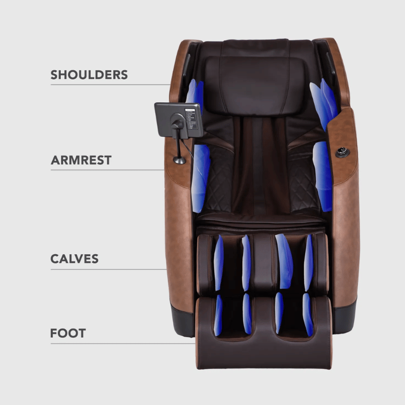 An illustration of the Osaki Ziva 2D Massage Chair featuring a 24-cell full-body air massage system that provides a luxurious and enveloping massage experience, effectively relieving tension and enhancing relaxation across the back, arms, and legs