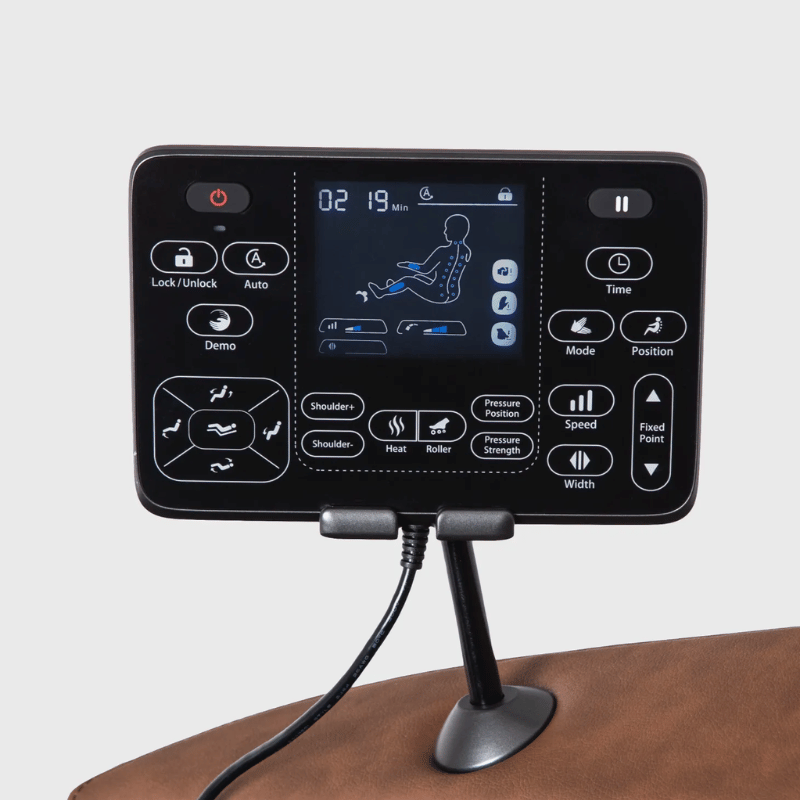 The Osaki Ziva Massage Chair features an advanced touchscreen tablet controller that simplifies navigation through its various massage settings, providing an intuitive interface for customizing the massage experience. This controller enhances user convenience, allowing for easy adjustments with just a touch.