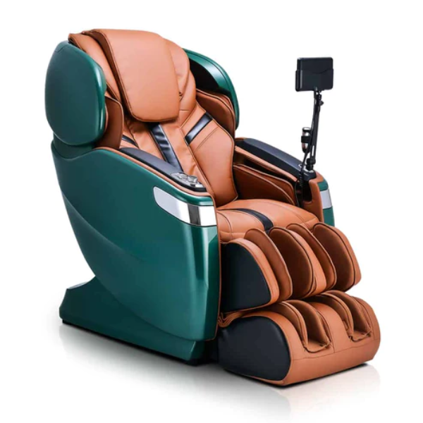 Ogawa Master Drive AI 2.0 Massage Chair in emerald green and cappuccino, featuring a sleek, ergonomic design with advanced AI technology. Perfect for full-body relaxation and stress relief, the chair also offers voice control, heat therapy, and a foot massager, combining comfort and luxury with cutting-edge innovation.