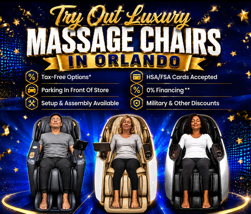 The Modern Back Orlando massage chair showroom featuring premium luxury massage chairs, customers relaxing during chair massages, HSA/FSA payment options, financing, tax-free options, and professional setup services.