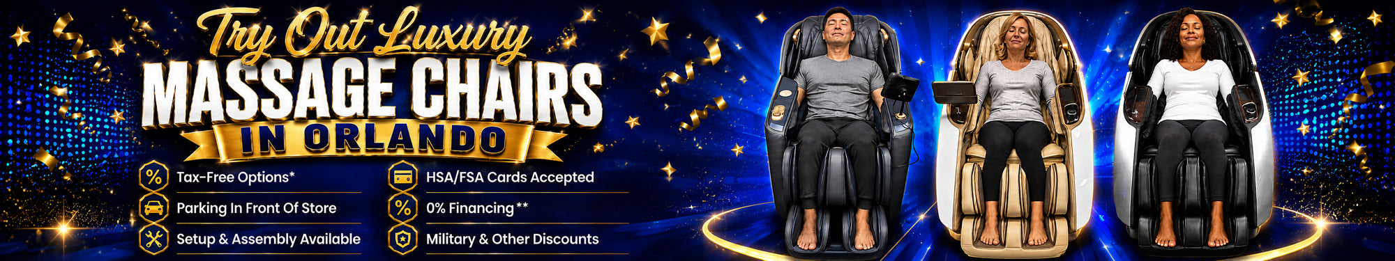 Luxury massage chair showroom banner for Orlando, Florida featuring customers relaxing in premium massage chairs with HSA/FSA payment options, tax-free options, financing, and professional setup available.