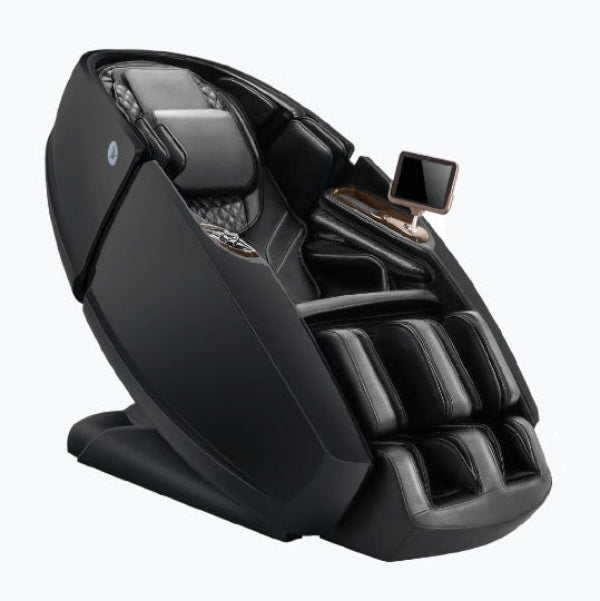 Daiwa Supreme Hybrid X massage chair in black featuring dual-track 4D massage technology, full-body air compression, heated therapy, and zero gravity recline.