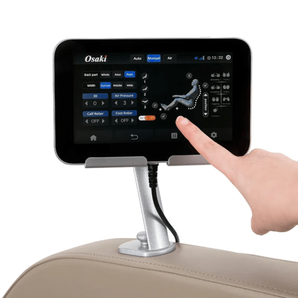 The Osaki JP650 4D Massage Chair comes with a user-friendly touchscreen tablet remote for easy adjustments.