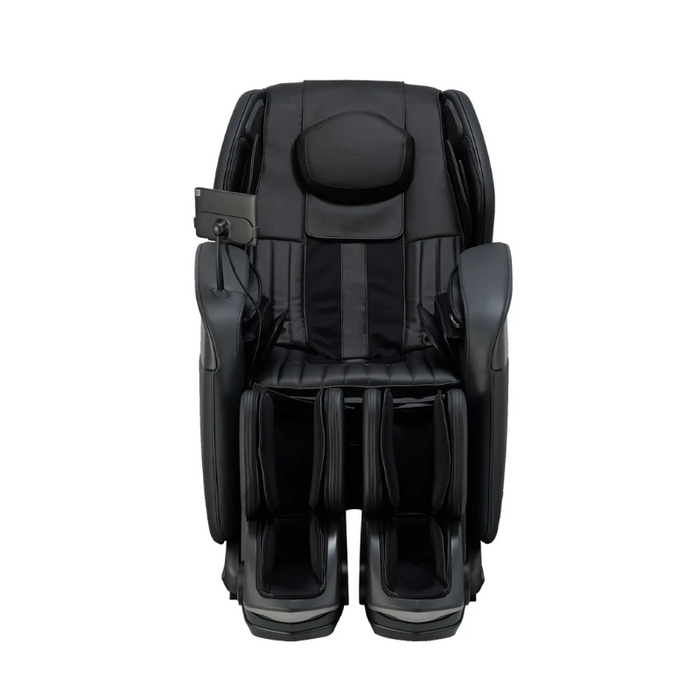 Black upholstery front view of the Osaki 4D YogaFlex, highlighting the SL-track roller housing, plush seat cushioning, and seamless integration of calf compressors.