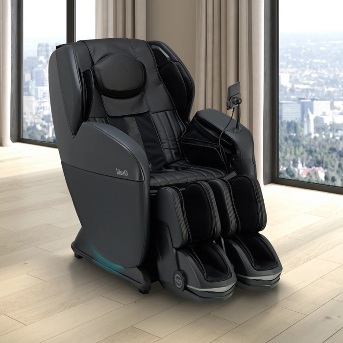 Full-black Osaki 4D YogaFlex massage chair showcasing its padded headrest, contoured side panels, built-in foot and calf massager, and control panel on the armrest.