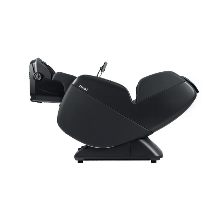 Osaki 4D YogaFlex massage chair in zero-gravity recline position, showing fully extended frame, lifted legs, plush bolstered backrest and foot section, in sleek upholstery and modern design.