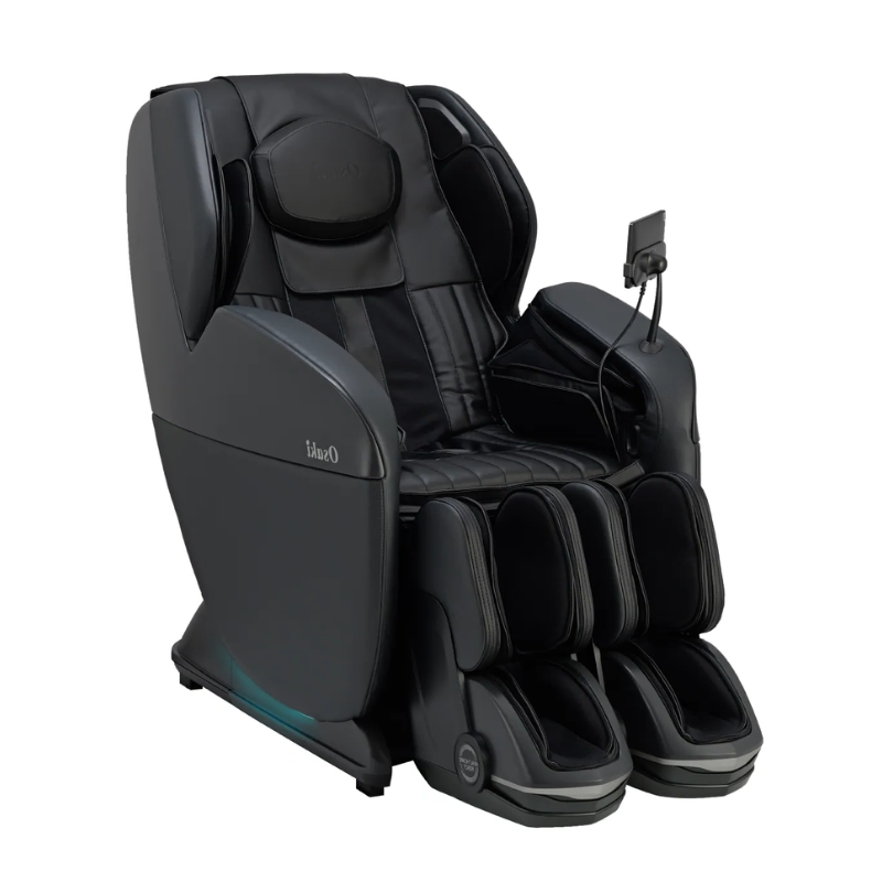 Osaki 4D YogaFlex massage chair in deep black leather-like finish, highlighting the SL-track roller mechanism, plush padding on shoulders and seat, heating panels, and sleek black side controls.
