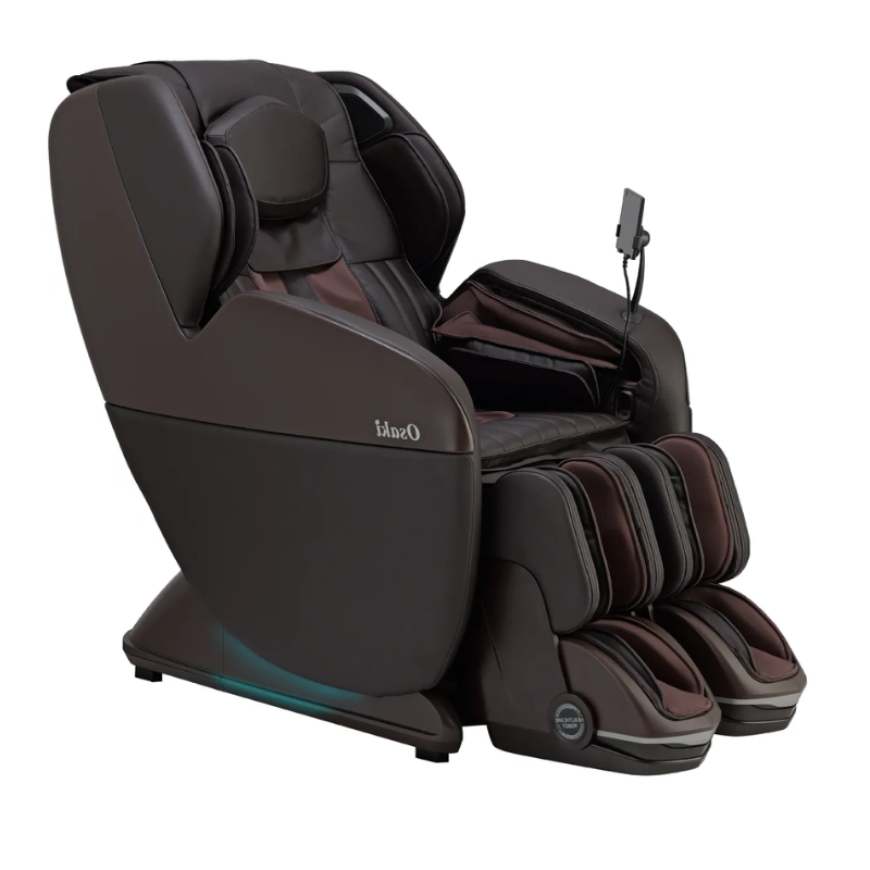 Osaki 4D YogaFlex massage chair in warm brown tone, displaying its full-body airbag sections, built-in foot and calf massage units, lumbar heat, and rich brown upholstery with premium stitching.