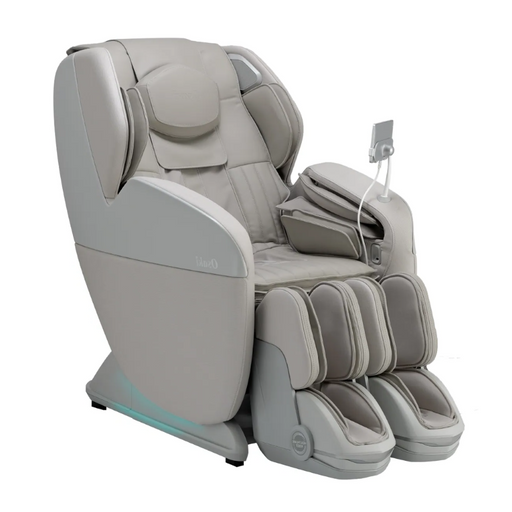 Osaki 4D YogaFlex massage chair in soft taupe upholstery, showing its zero-gravity recline with calf and foot massagers, curved arm panels, and modern side control interface.