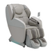 Osaki 4D YogaFlex massage chair in soft taupe upholstery, showing its zero-gravity recline with calf and foot massagers, curved arm panels, and modern side control interface.