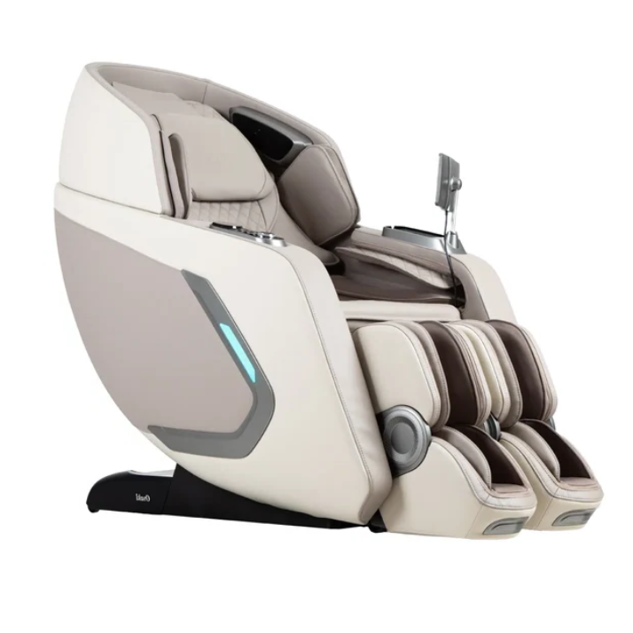 Osaki 4D+3D Bravo Duo Flex massage chair in taupe with sleek upholstery and ergonomic design, featuring a flexible SL-track for full-body relaxation.