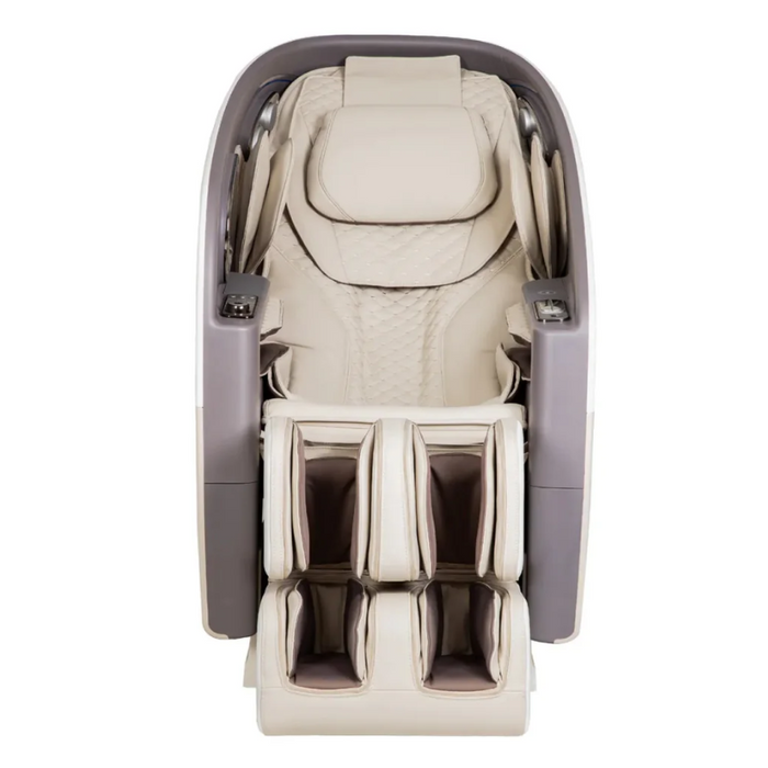 The front view of the Osaki Flagship Duo Massage Chair in taupe showcases its inviting design and plush upholstery, offering a warm and sophisticated appearance that enhances any living space.