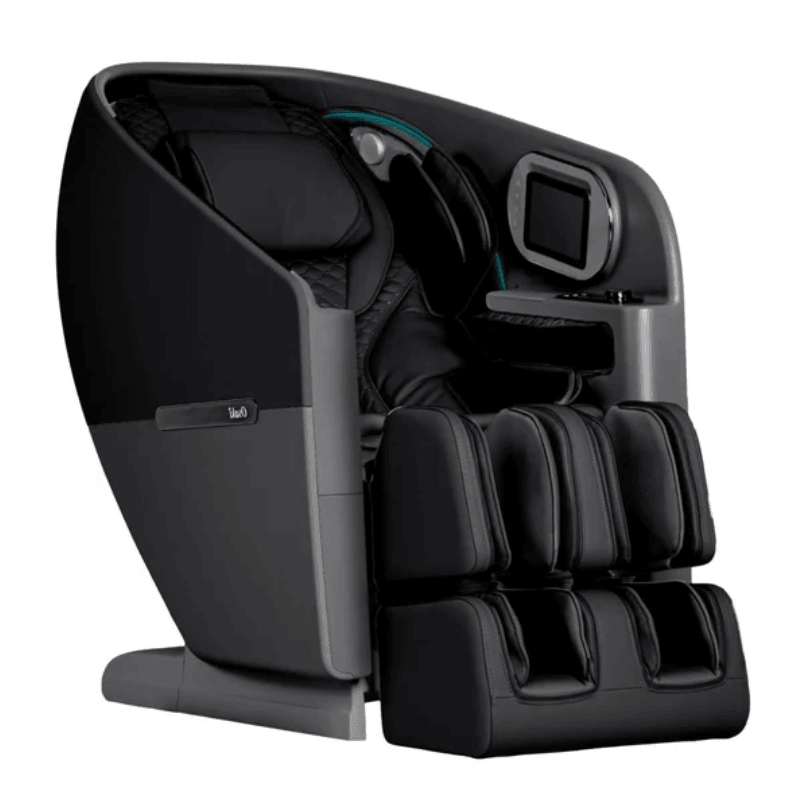 Black Osaki Flagship Duo 4D Massage Chair with sleek modern design, featuring a contoured SL-track frame, padded armrests, side LED lighting, and an ergonomic headrest.
