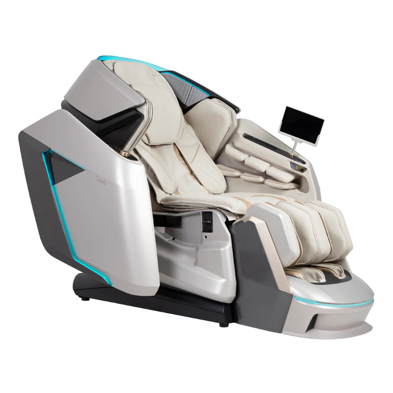 Osaki Grand Duo 4D Massage Chair showcasing its easy-entry sliding panels, designed for convenient access, paired with its sleek taupe finish and ergonomic design for a seamless and luxurious user experience.