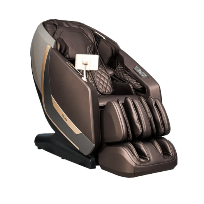 Osaki Kairos Duo 5D+4D massage chair in brown tone, angled to showcase its space-saving zero-gravity recline and multi-zone heating elements.