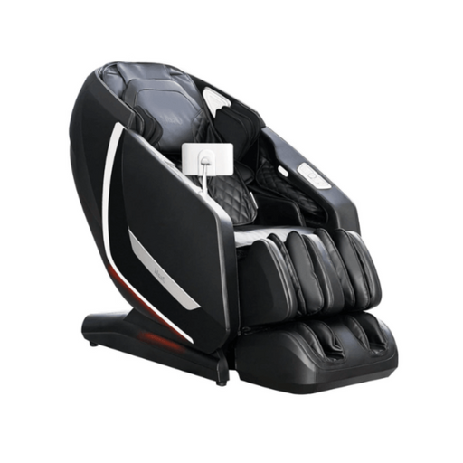 Osaki Kairos Duo 5D+4D massage chair in sleek black, showing its front profile with extended footrest and touchscreen tablet remote.