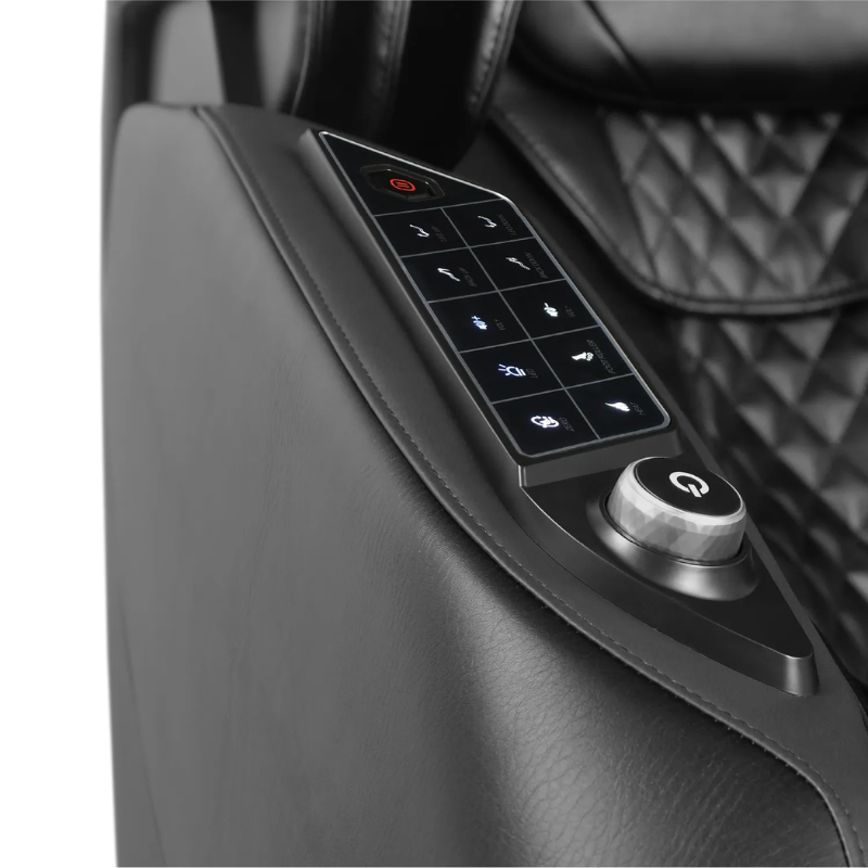 Side control panel of the Trion Flex Duo massage chair featuring buttons for heating, volume, zero gravity, and backrest and legrest adjustments.