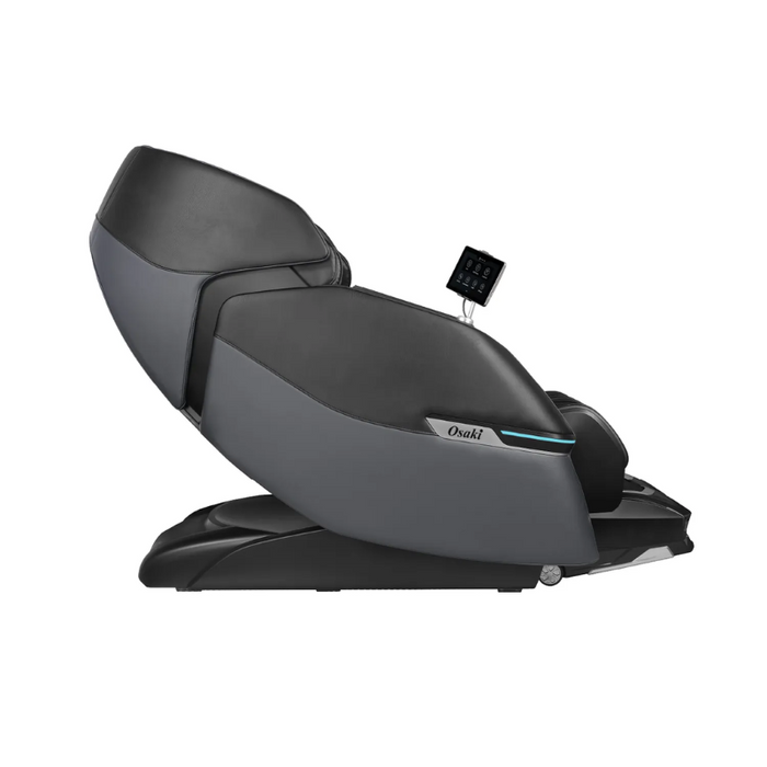 Side view of the Osaki Trion Flex Duo 4D+3D Massage Chair in black, highlighting its ergonomic design, adjustable armrests, and advanced massage features.