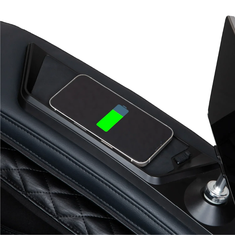 Built-in wireless charging surface on the Trion Flex Duo massage chair for easy, cable-free device charging.