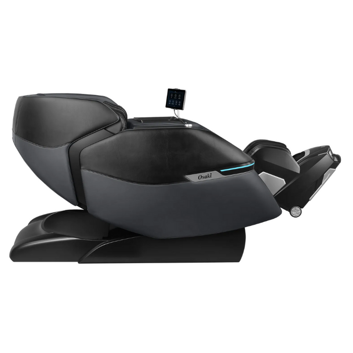 Side view of the Osaki Trion Flex Duo 4D+3D Massage Chair in black, reclined in zero-gravity position, showcasing its ergonomic design and advanced massage features.