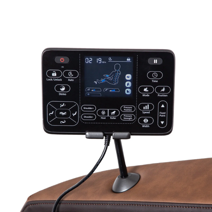 Close-up of the touchscreen tablet on the Osaki Ziva Massage Chair, featuring an intuitive interface that allows users to easily control massage settings, select modes, and adjust intensity.