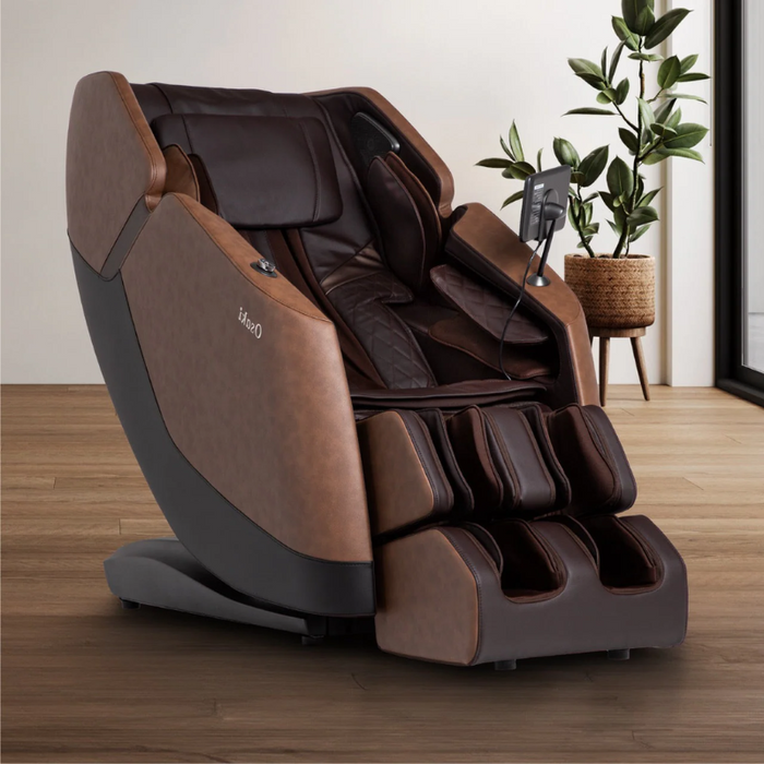 Brown Osaki Ziva Massage Chair elegantly placed in a cozy home living area, featuring a modern design with plush upholstery and ergonomic contours.