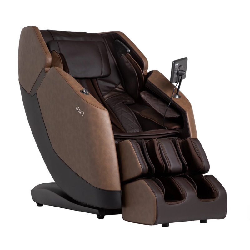 The Osaki Ziva Massage Chair features a sophisticated design that incorporates advanced massage technology, including a versatile SL-Track system, customizable settings, and body scan capabilities, delivering a personalized and relaxing experience for users.