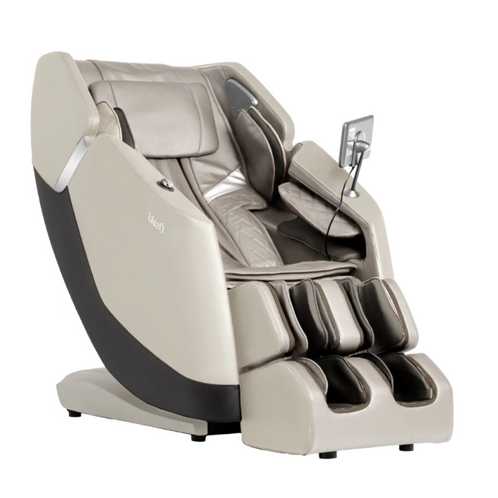 Osaki Ziva Massage Chair in taupe, featuring a modern design with plush upholstery and ergonomic contours. The chair showcases adjustable armrests and a user-friendly control panel, set against a stylish backdrop that highlights its luxurious appearance.