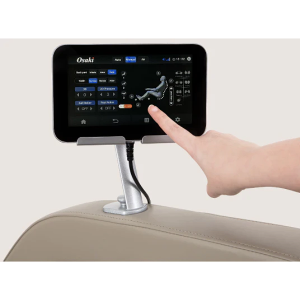 The Osaki JP650 has a touchscreen tablet mounted on the armrest for easy access to massage programs and adjustments.