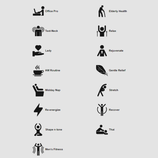 Image showcasing the 15 auto massage programs of the Osaki Admiral II open box floor model massage chair, illustrating the variety of pre-set options designed to provide tailored massage experiences, targeting different areas of the body and addressing specific relaxation needs for users.