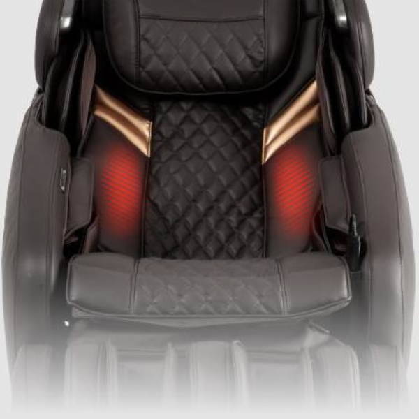 Image showcasing the lumbar and calf heat therapy feature of the Osaki Admiral II open box floor model massage chair, illustrating the targeted heat applied to the lower back and calves to enhance relaxation, alleviate muscle tension, and promote improved circulation during massage sessions.