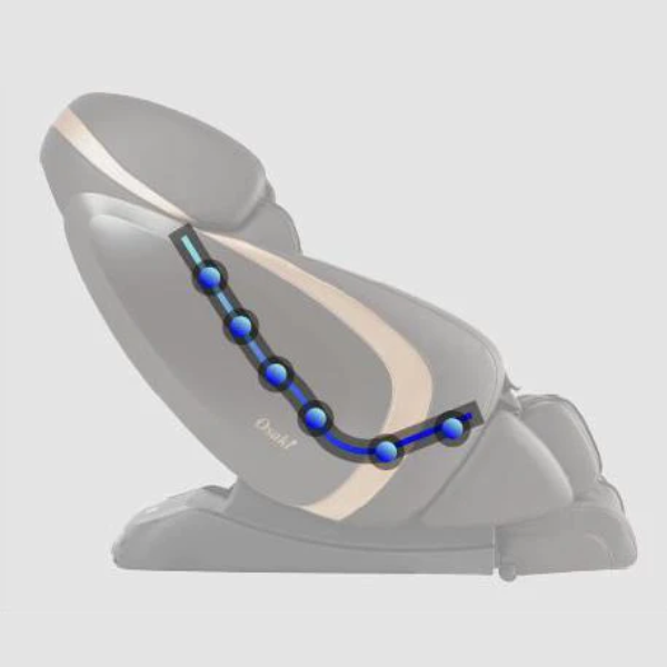 Image showcasing the L-Track feature of the Osaki Admiral II open box floor model massage chair, illustrating its extended track design that allows the massage rollers to move seamlessly from the neck down to the lower back and glutes, providing comprehensive coverage and a full-body massage experience.