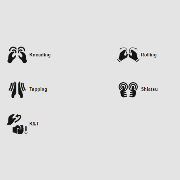 Image showcasing the 6 massage styles of the Osaki Admiral II open box floor model massage chair, highlighting the diverse techniques available, including kneading, tapping, rolling, and more, allowing users to customize their massage experience for optimal relaxation and relief.