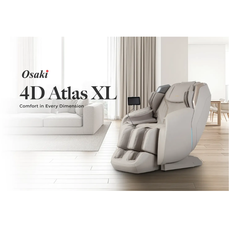 Osaki Atlas XL 4D Massage Chair in taupe, designed for larger users with advanced 4D massage technology and a spacious, supportive frame.