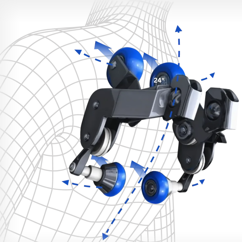 Illustration of the Osaki Atlas XL Massage Chair's advanced 4D mechanism, showcasing precision rollers that move in multiple dimensions—up, down, side-to-side, and in and out—mimicking the depth and rhythm of a professional massage for a personalized experience.