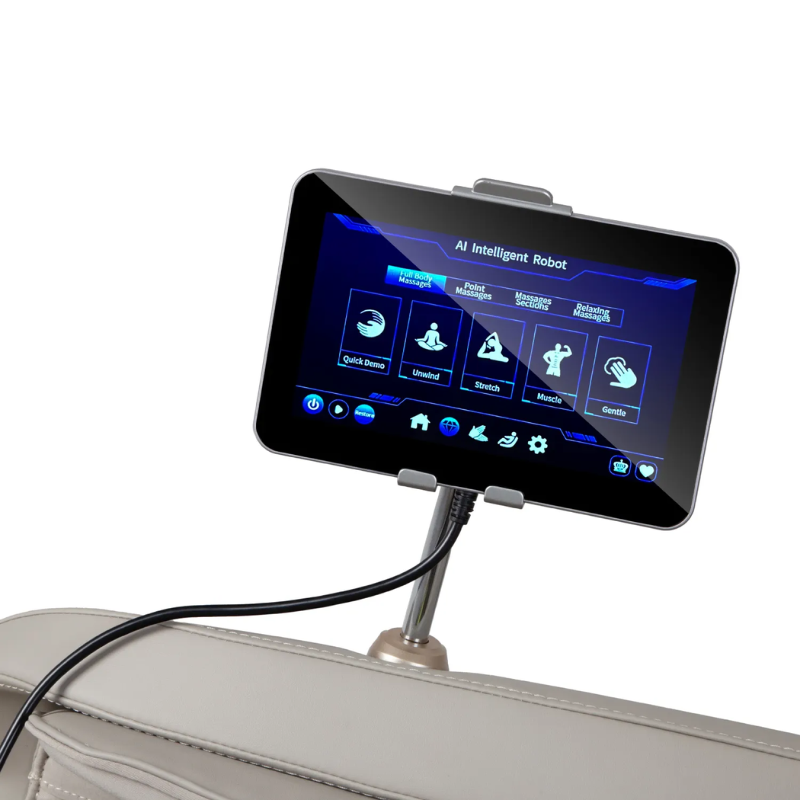 Close-up view of the Osaki Atlas XL Massage Chair's touchscreen controller, featuring an intuitive, high-resolution display with easy-to-navigate controls for adjusting massage settings, intensity, and chair positioning.