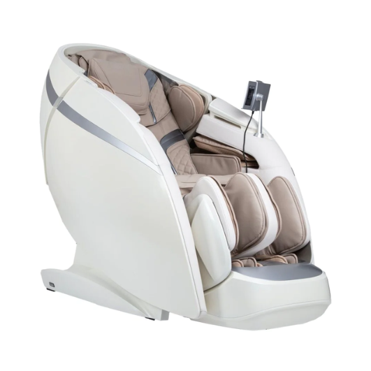 Front view of the Osaki DuoMax Open Box Floor Model massage chair in taupe, showcasing its contemporary design, plush upholstery, and advanced ergonomic features for optimal comfort and relaxation.