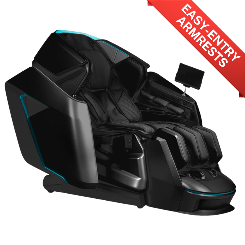An image of the Osaki Grand Duo 4D massage chair, showcasing its modern design and advanced features, including the sleek upholstery, ergonomic structure, and integrated technology. The chair is depicted in a relaxing home setting, emphasizing its luxurious appeal and inviting atmosphere for ultimate comfort and relaxation. 