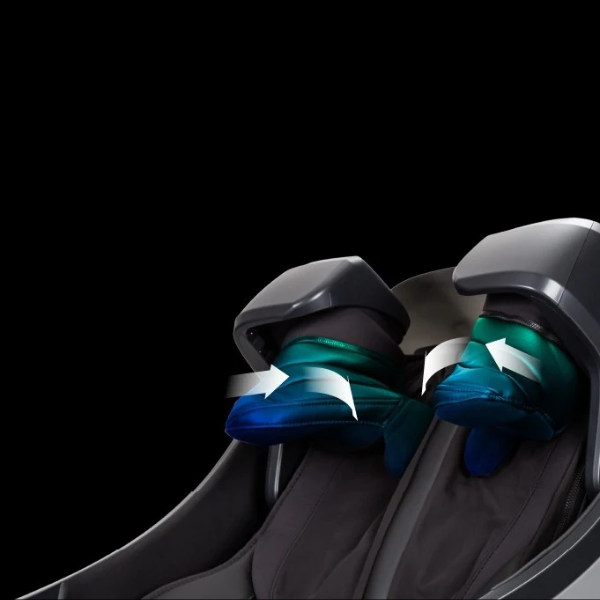 Close-up of a massage chair providing neck and shoulder massage with rollers targeting tension points along the upper back.